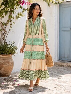 NEW - Boho Green Mixed Print Tiered Maxi Dress Cottage Chic Style